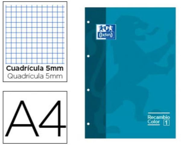 OXFORD  RECAMBIO A4 ENCOLADO 80H 5X5 AZUL TURQ 400123679