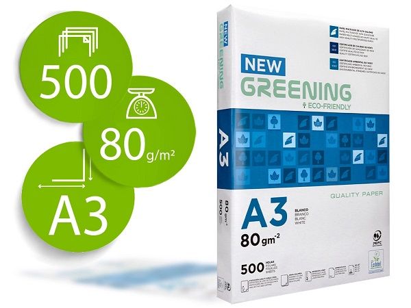 PACK 500 HOJAS PAPEL A3 80GR. BLANCO GREENING FT04