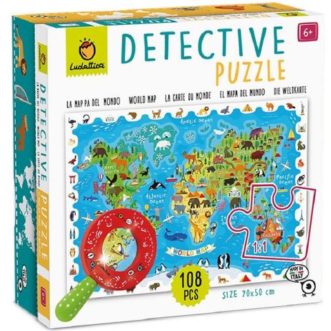 PUZZLE DETECTIVE 108 PIEZAS MAPAMUNDI ANIMALES LU23423 (LUDATTICA)