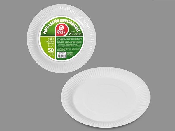 PAQ. 50 PLATOS CARTÓN BIODEGRADABLE REDONDO 18 CM