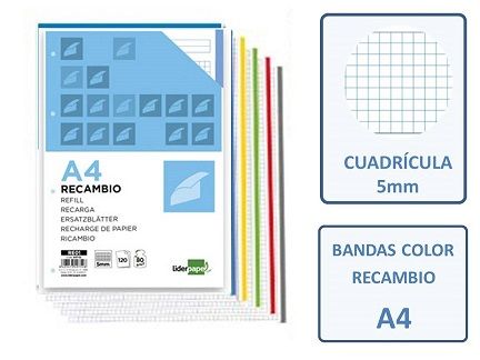 RECAMBIO A4 4T 120H. 80GR. CUADRO 5X5 BANDAS COLOR