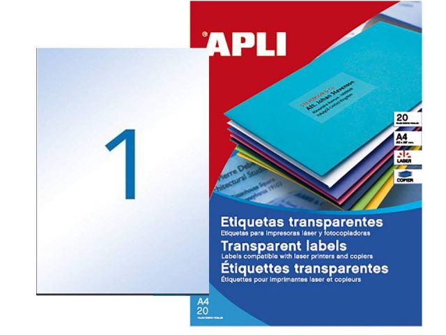 APLI CJ.20 ETIQUETAS TRANSLUCIDAS A4 LASER 01225