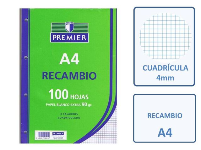 RECAMBIO 100  HOJAS A4 4T 90GR. CUADRO 4X4