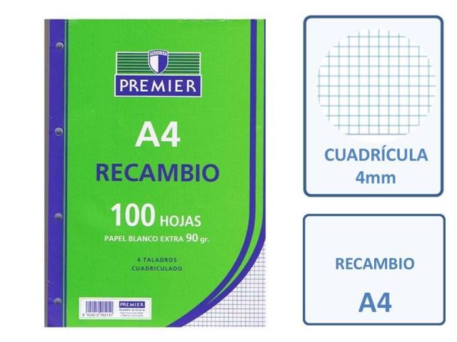 RECAMBIO 100  HOJAS A4 SIN TALADRO 90GR. CUADRO 4X4