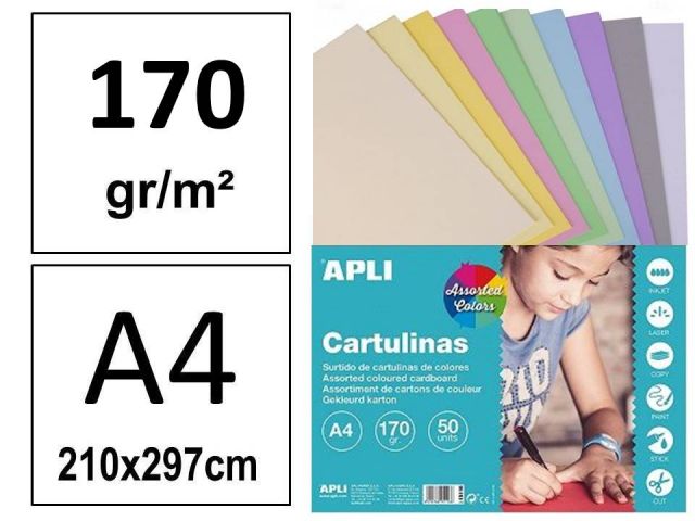 P.50 HOJAS CARTULINA A4 170g 10 COL.PASTEL SURT.