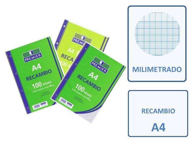 RECAMBIO 100  HOJAS A4 4T 90GR. MILIMETRADO