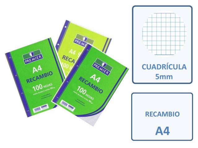 RECAMBIO 100  HOJAS A4 4T 90GR. CUADRO 5X5