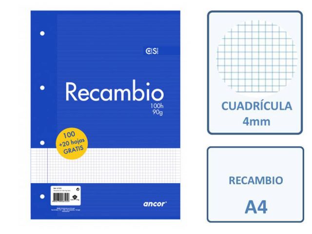 RECAMBIO 100 +20  HOJAS A4 4T 90GR. CUADRO 4X4