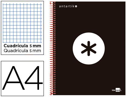 CUADERNO ANTARTIK A4 120H CUADRO 5X5 NEGRO KD30