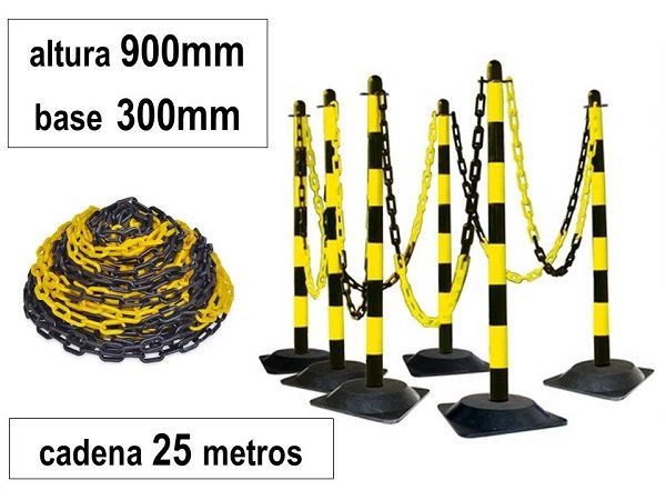 JUEGO 6 POSTES PVC BASE GOMA + CADENA 25mt. NG/AM