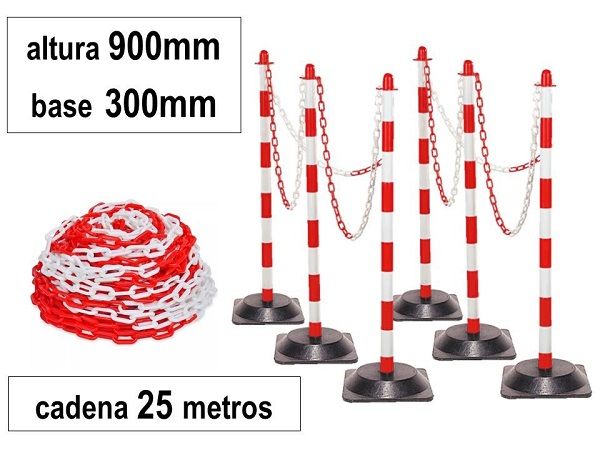 JUEGO 6 POSTES PVC BASE GOMA + CADENA 25mt. RJ/BL