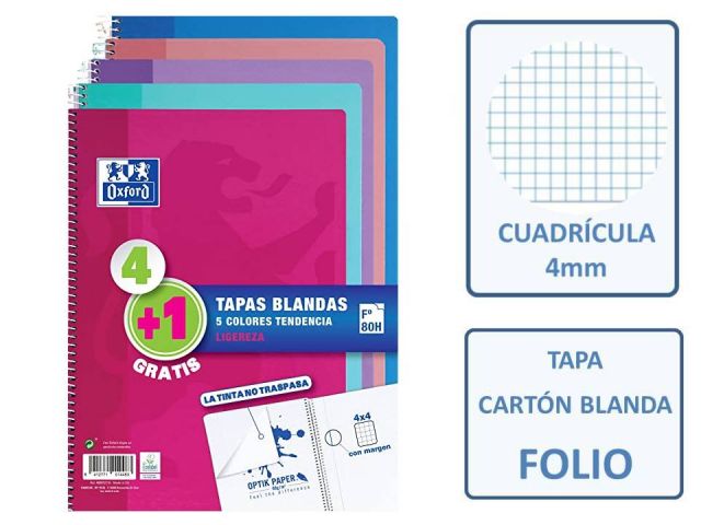 PACK (4+1) CUADERNOS FOLIO 4X4 OXFORD CLASSIC TEND