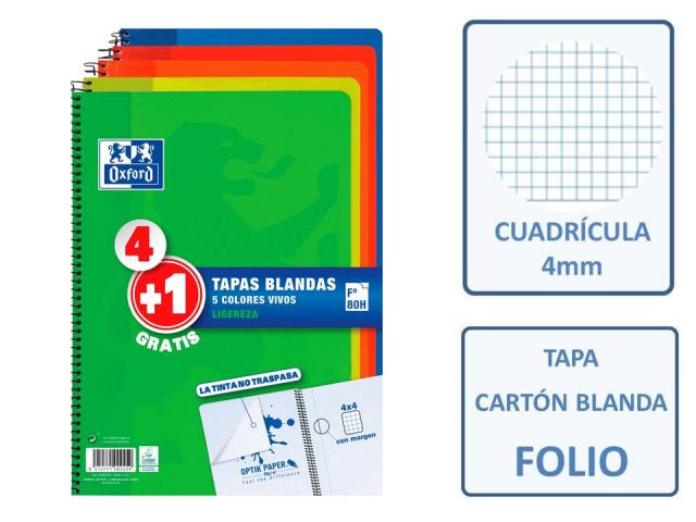 PACK (4+1) CUADERNOS FOLIO 4X4 OXFORD CLASSIC VIVO