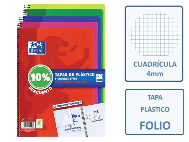 PACK 5 CUADERNOS FOLIO 4X4 OXFORD PP VIVOS