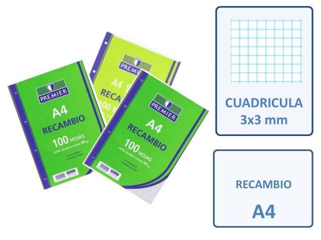 RECAMBIO 100  HOJAS A4 4T 90GR. CUADRO 3 X 3 