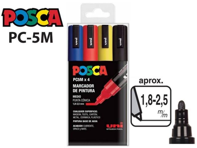 UNI POSCA MARCADOR 1,8-2,5mm PC-5M ESTUCHE 4 COLORES BASIC