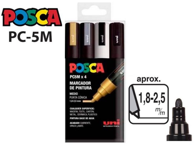 UNI POSCA MARCADOR 1,8-2,5mm PC-5M ESTUCHE 4 COLORES METAL