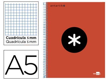 CUADERNO ANTARTIK A5 120H CUADRO 5x5 ROJO KD32