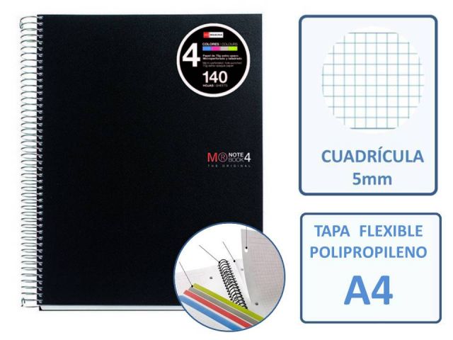 MQR NOTEBOOK4 CUADERNO PP A4 CUADRO 5X5 140H NEG.