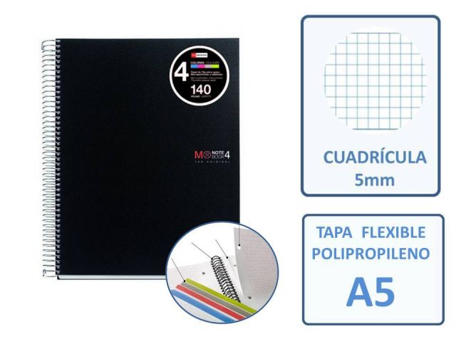 MQR NOTEBOOK4 CUADERNO PP A5 CUADRO 5X5 140H NEG.