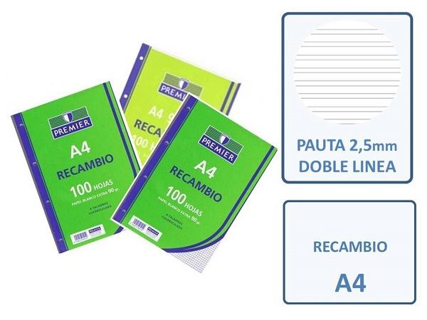 RECAMBIO 100  HOJAS A4 4T 90GR. PAUTA 2.5