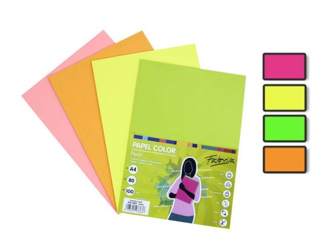 PAQ.100H. PAPEL COLOR A4 FLUOR COLOR SURTIDOS 80G