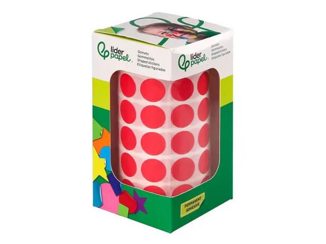 LIDERPAPEL ROLLO GOMETS REDONDO 15mm ROJO 2500 UNIDADES