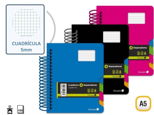 CUADERNO ESPIRAL A5 PP 160H.90g 5X5 C/SEPARADORES