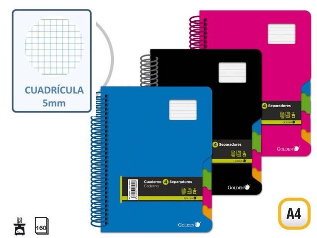 CUADERNO ESPIRAL A4 PP 160H.90g 5X5 C/SEPARADORES